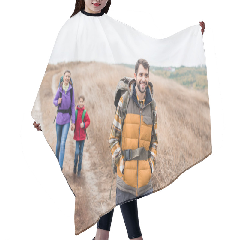 Personality  Man With Wife And Son Backpacking Hair Cutting Cape