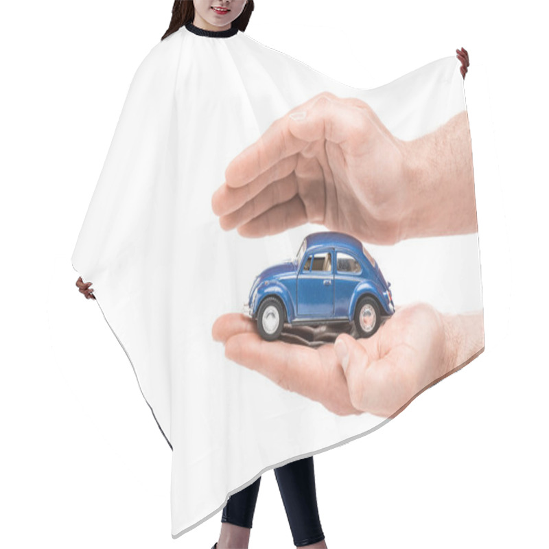 Personality  Cropped View Of Man Holding Blue Toy Car Isolated On White Hair Cutting Cape