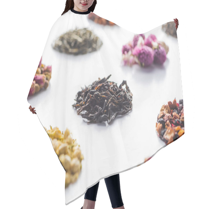 Personality  Set Of Dried Herbal Healthy Tea On White Surface Hair Cutting Cape