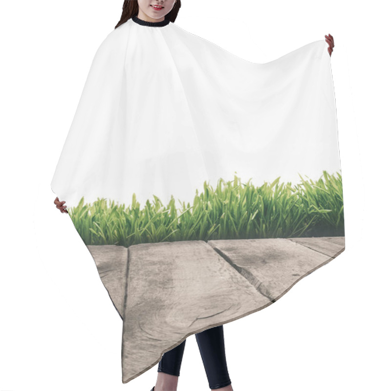 Personality  Full Frame Of Wooden Planks And Green Grass Isolated On White Hair Cutting Cape