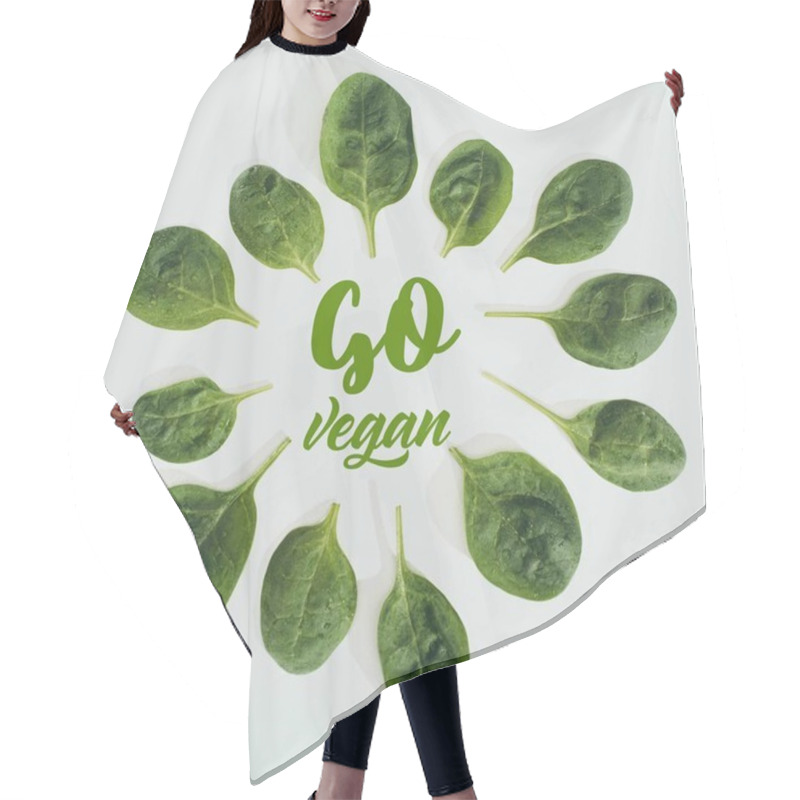 Personality  Top View Of Beautiful Fresh Green Leaves And Words Go Vegan Isolated On Grey Hair Cutting Cape