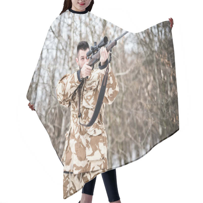 Personality  Sniper With Weapon Ready For Combat Or Hunting In The Forest On A Winter Day Hair Cutting Cape