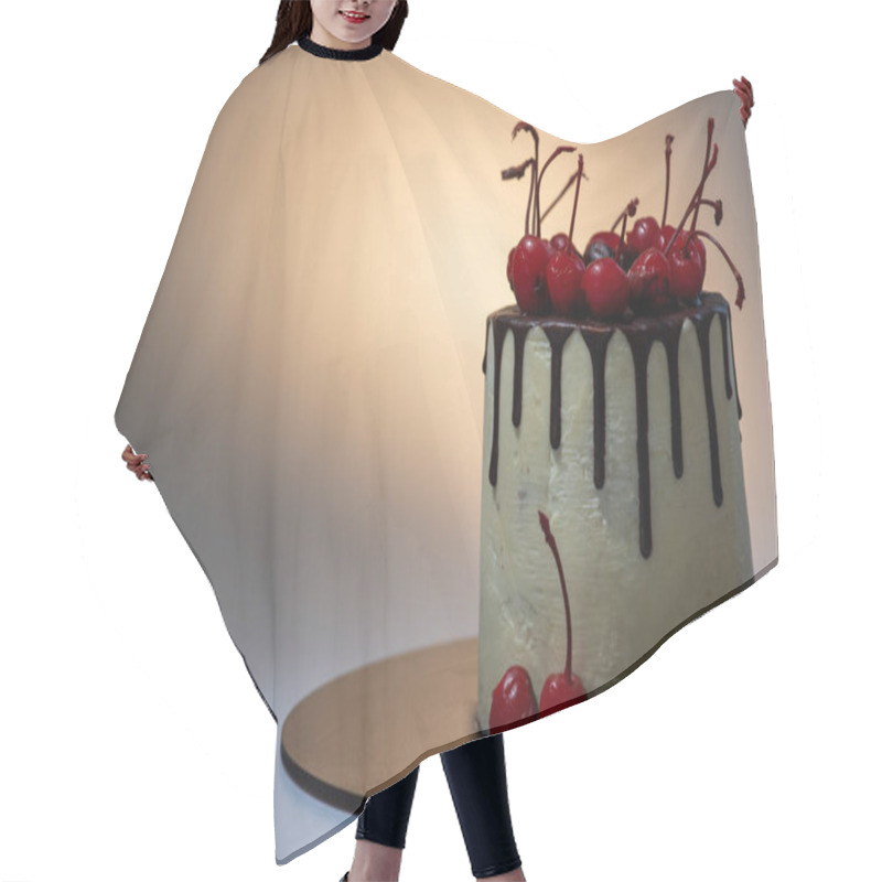 Personality  Chocolate Cake With Cherries On A Light Background. Cooking And Sweets Concept Hair Cutting Cape