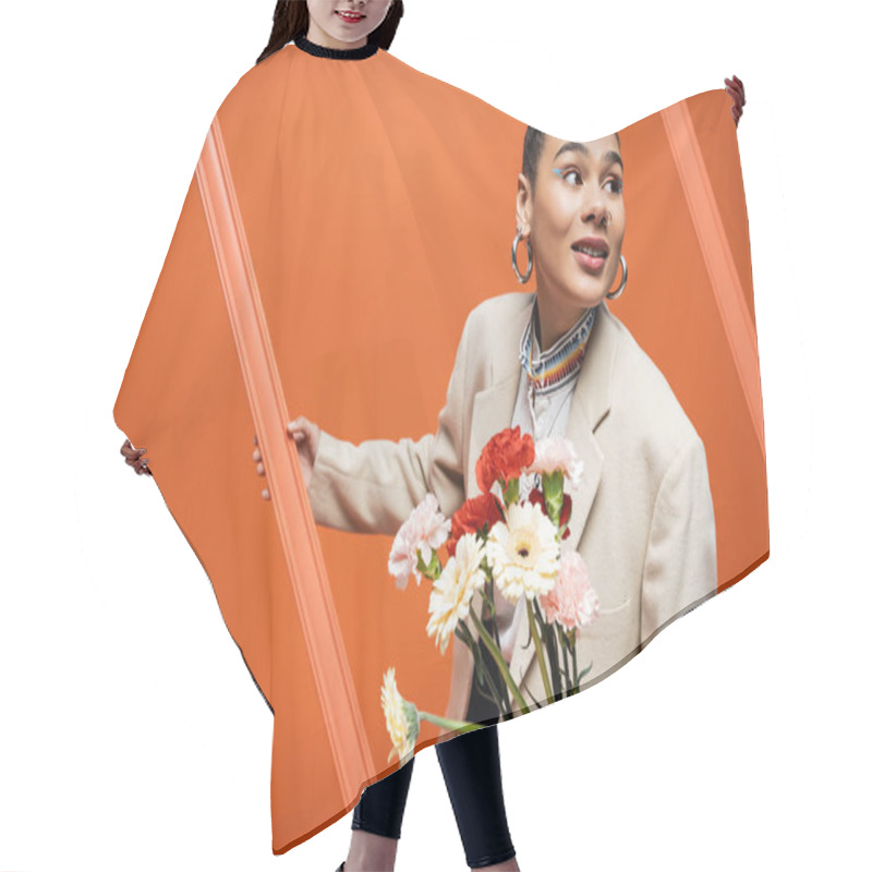 Personality  Chic Stylish Fashionista In Trendy Street Outfit Holding Orange Framework And Flower Bouquet Hair Cutting Cape