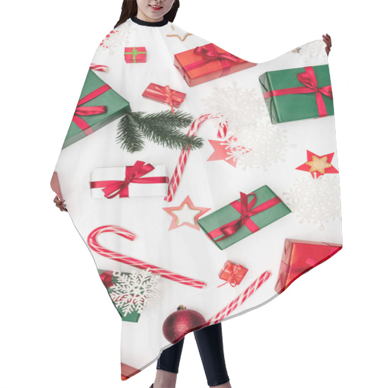 Personality  Top View Of Gift Boxes, Candy Canes, Star-shaped Cookies, Fir Branches And Decorative Snowflakes On White Background Hair Cutting Cape