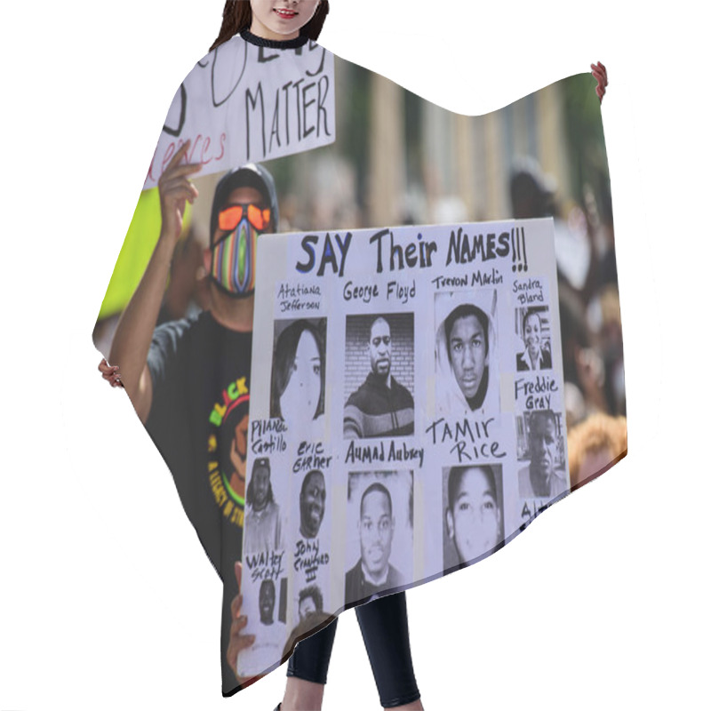 Personality  Miami Downtown, FL, USA - MAY 31, 2020: George Floyd, Tamir Rice, Atatiana Jefferson, Trayvon Martin, Ahmed Aubrey, Eric Garner, Sandra Bland, Freddie Gray, Alton Sterling Poster. US People Protest. Hair Cutting Cape