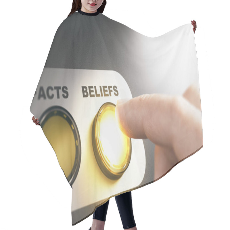 Personality  Finger Pressing A Button With The Word Beliefs Intead Of Facts During A Cognitive Psychological Experiment. Composite Image Between A Hand Photography And A 3D Background. Hair Cutting Cape