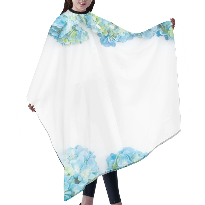 Personality  Frame Of Blue Hydrangea Flowers On White Background. Flat Lay, Top View. Floral Background Hair Cutting Cape