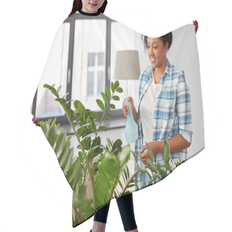 Personality  Happy Woman Spraying Houseplant With Water At Home Hair Cutting Cape