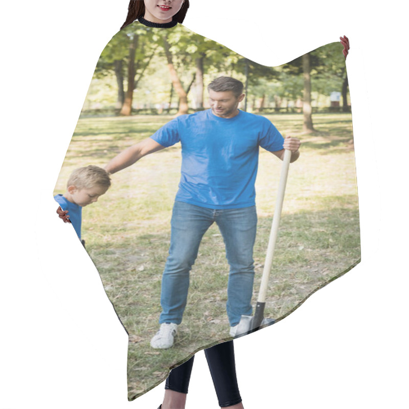 Personality  Father And Son Digging Ground In Forest With Shovels, Ecology Concept Hair Cutting Cape