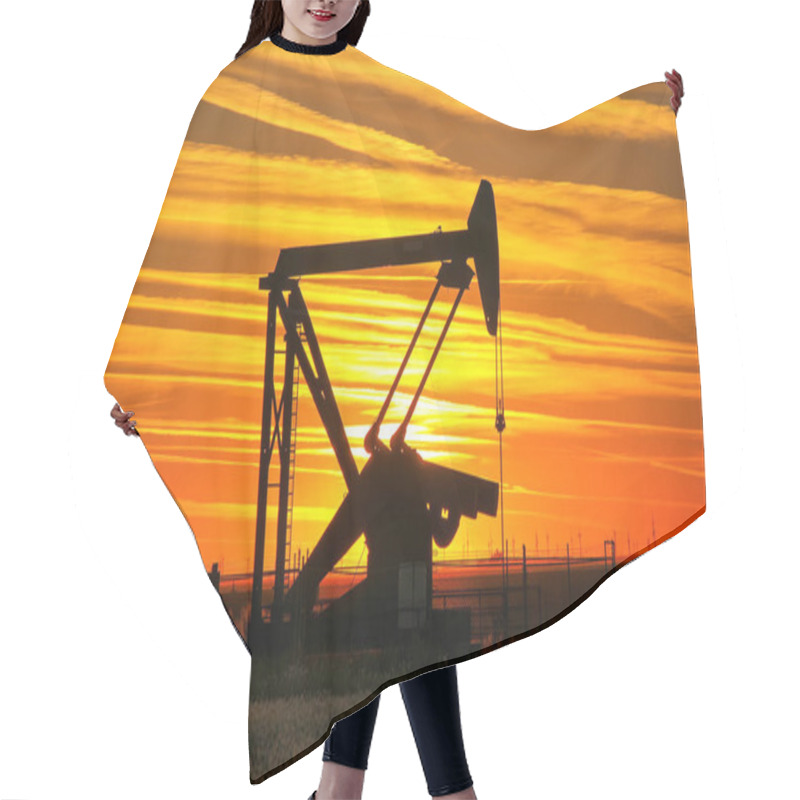 Personality  Silhouetted Pump Jack In The Oil Field At Sunset Hair Cutting Cape