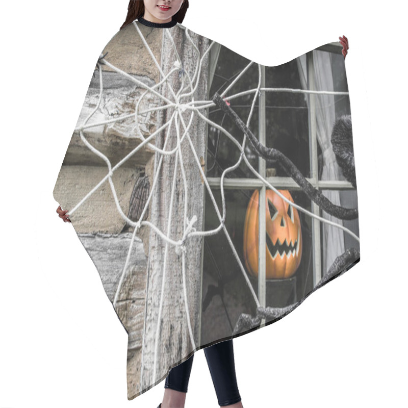 Personality  Halloween Background. Jack O Lantern And Spider Web Decorations On Exterior Wall Of Home. Hair Cutting Cape