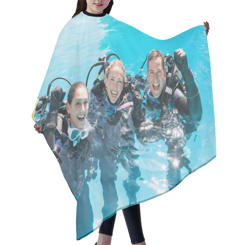 Personality  Friends On Scuba Training In Swimming Pool Hair Cutting Cape