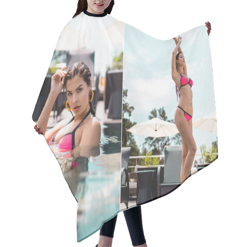 Personality  Collage Of Barefoot Woman In Swimsuit Standing And Swimming In Pool  Hair Cutting Cape