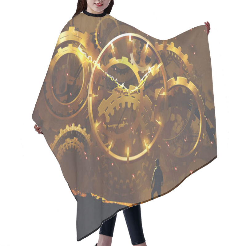 Personality  Man Standing In Front Of The Big Golden Clockwork Hair Cutting Cape