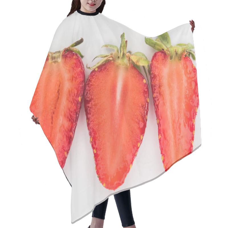 Personality  Three Halves Of Strawberries On White Background Hair Cutting Cape