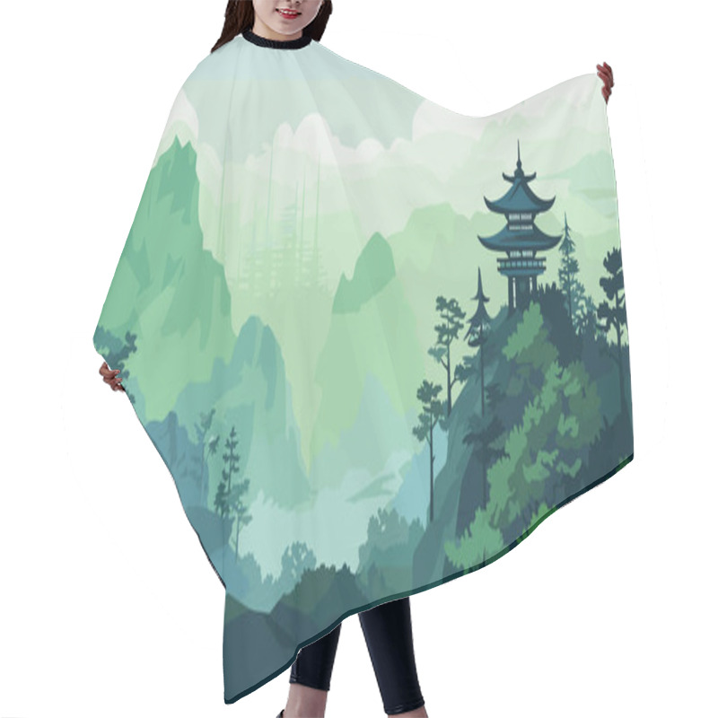 Personality  Asian Landscape Background, Creative Vector Illustration. Minimalist Mountain Landscape. Homes Surrounded By Nature Hair Cutting Cape