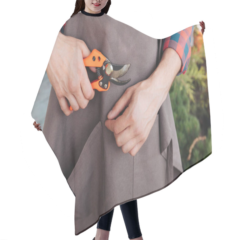 Personality  Gardener With Pruning Shears In Hand Hair Cutting Cape