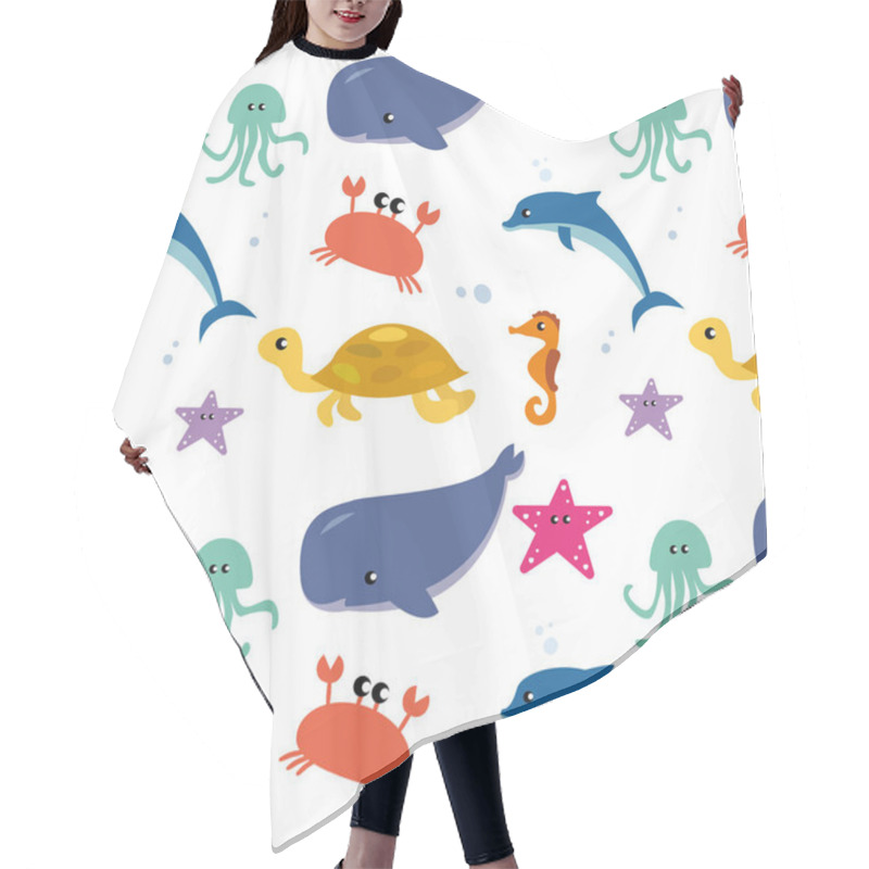 Personality  Pattern Of Flat Illustrations Of Marine Life Marine Fish And Animals. Dolphins And Whales, Sharks And Octopuses, Jellyfish And Seahorses. Set Of Cute Animals Icons Isolated On White Background. Hair Cutting Cape