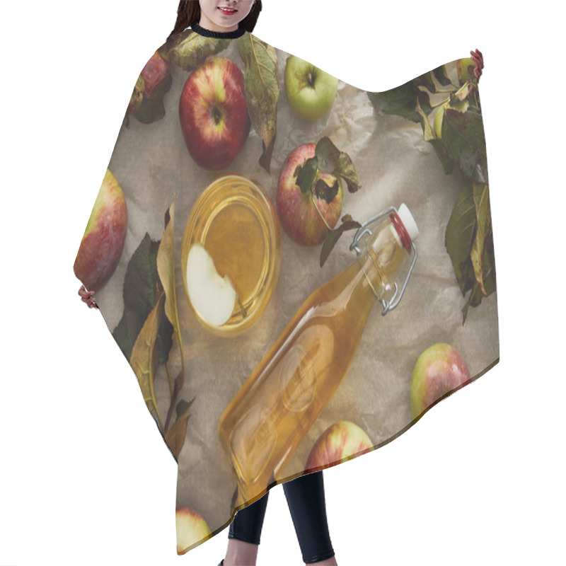 Personality  Top View Of Bottle And Glass With Cider Near Apples And Branch With Leaves Hair Cutting Cape