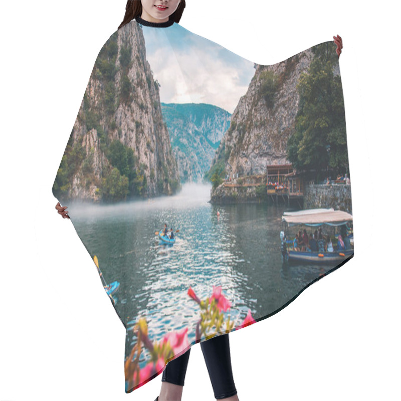 Personality  Matka, North Macedonia - August 26, 2018: Canyon Matka Near Skopje, With People Kayaking And Magical Foggy Scenery With Calm Water Hair Cutting Cape