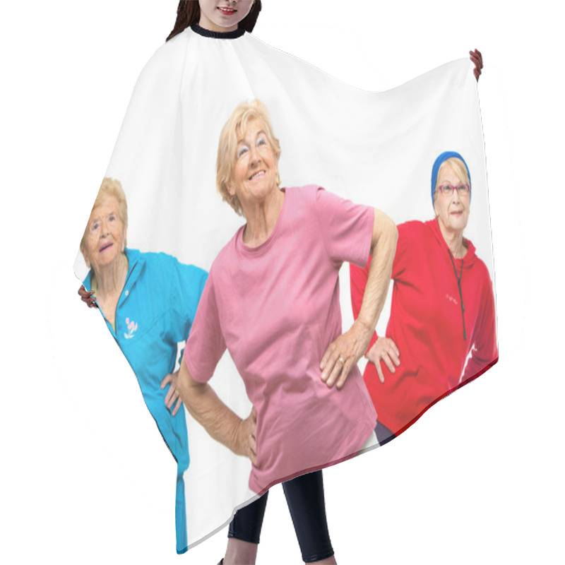 Personality  Threesome Senior Women Getting Fit. Hair Cutting Cape