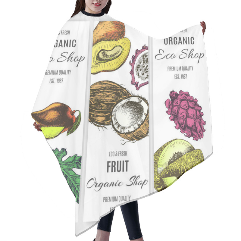 Personality  Banners For Eco Store With Illustration Of Various Exotic Fruits Hair Cutting Cape