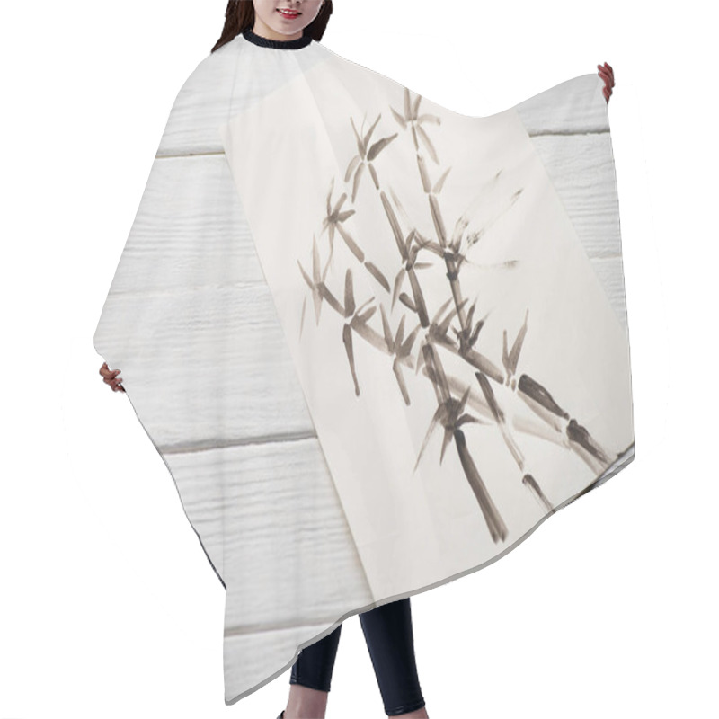 Personality  Top View Of Paper With Japanese Painting With Bamboo On Wooden Background Hair Cutting Cape