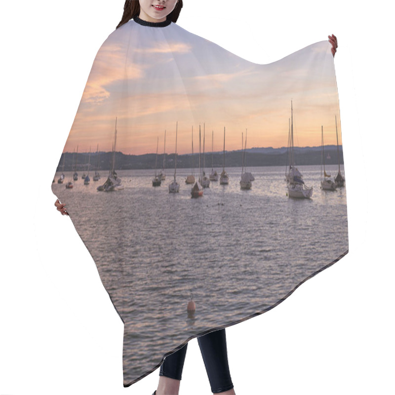 Personality  Capture The Serenity Of A Pier At Sunset With Sailboats Gently Floating On The Calm Lake. This Tranquil Scene Features An Orange And Pink Sky Reflecting On The Water, Creating A Peaceful Marina Hair Cutting Cape