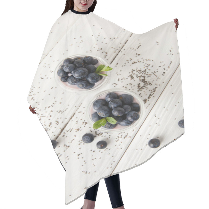 Personality  Top View Of Arranged Chia Puddings With Fresh Blueberries And Mint On White Wooden Surface Hair Cutting Cape