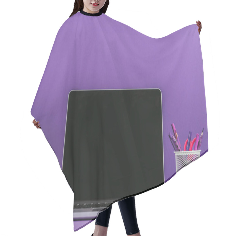 Personality  Workplace With Laptop And Coffee Mug On Purple Surface Hair Cutting Cape