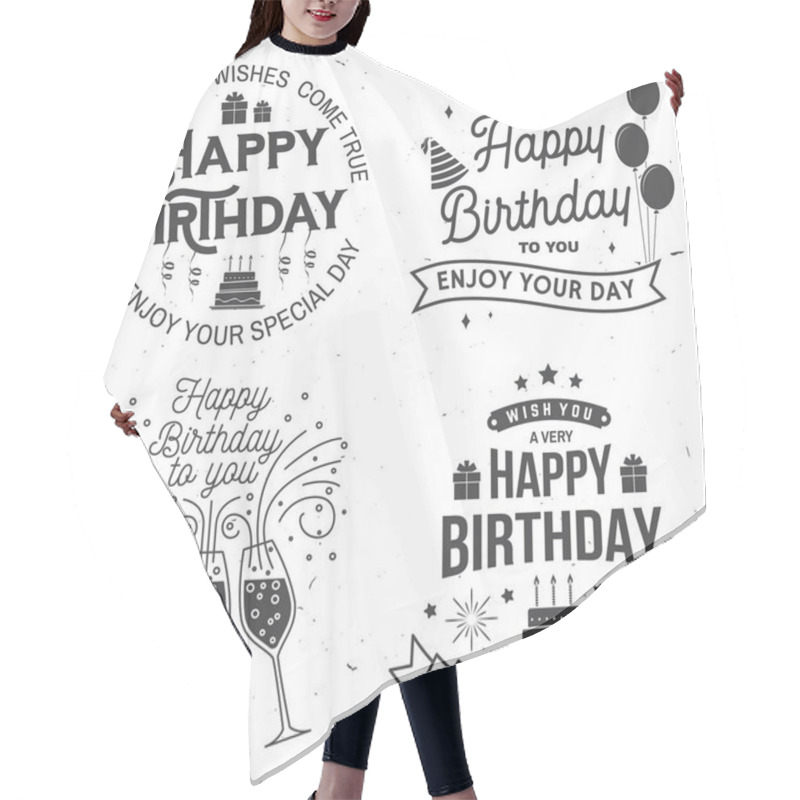 Personality  Set Of Happy Birthday Templates For Overlay, Badge, Card With Bunch Of Balloons, Gifts, Champagne Glasses And Birthday Cake With Candles. Vector. Vintage Design For Birthday Celebration Hair Cutting Cape