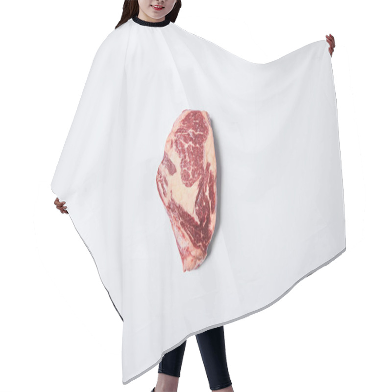 Personality  Top View Of Fresh Raw Steak On On White Background Hair Cutting Cape