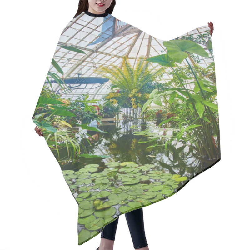 Personality  Image Of Wide View Of Conservatory With Pool Of Water With Lily Pads And Plants Growing Out Of The Pond Hair Cutting Cape