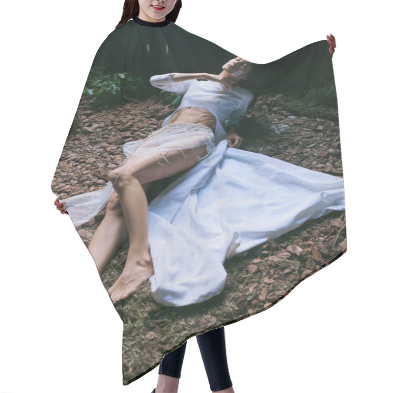 Personality  A Woman Lies In A Lush, Green Forest. Hair Cutting Cape