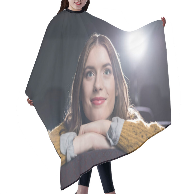 Personality  Young Girl Watching Movie In Cinema With Back Light Hair Cutting Cape