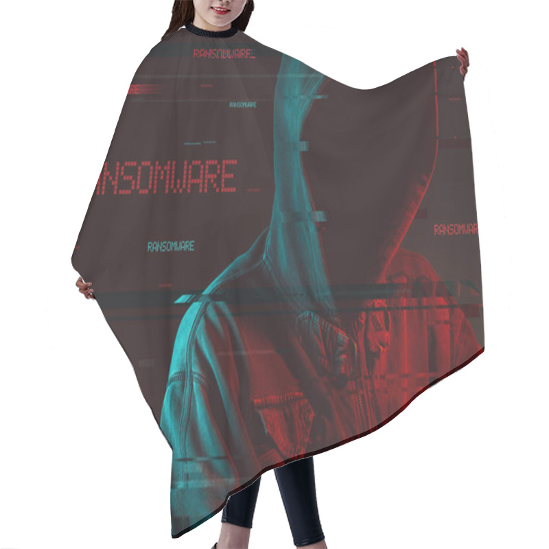 Personality  Ransomware Concept With Faceless Hooded Male Person, Low Key Red And Blue Lit Image And Digital Glitch Effect Hair Cutting Cape