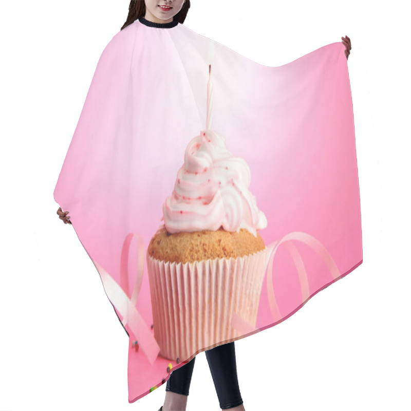 Personality  Tasty Birthday Cupcake With Candle, On Pink Background Hair Cutting Cape