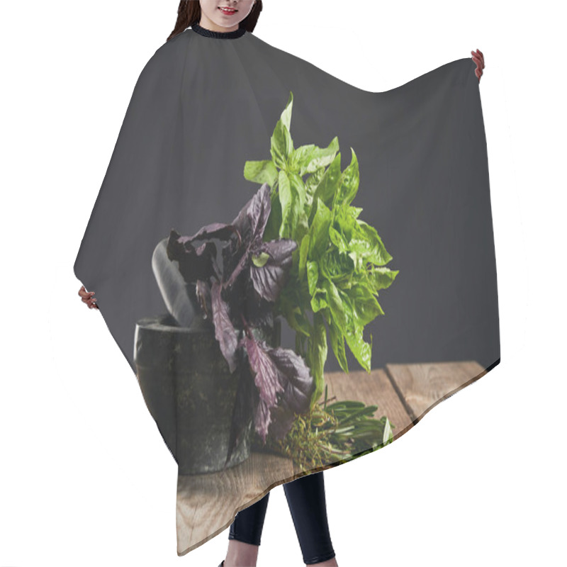 Personality  Mortar With Fresh Green And Purple Basil With Rosemary On Wooden Table Isolated On Black Hair Cutting Cape