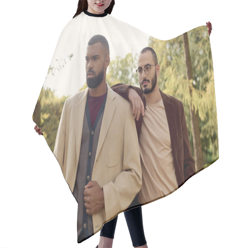 Personality  Two Fashionable Men Stand Together In A Serene Autumn Field, Exuding Charm And Style In Their Outfits. Hair Cutting Cape