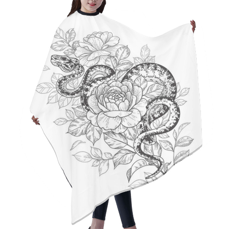 Personality  Hand Drawn Twisted Snake And Roses Isolated On White. Vector Monochrome Serpent And Flowers. Floral Illustration In Vintage Style, T-shirt Design, Tattoo Art, Coloring Page. Hair Cutting Cape