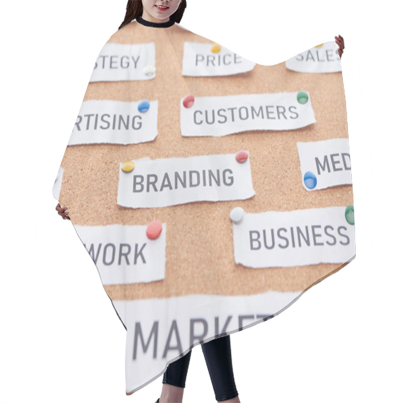 Personality  Paper Card With Price, Advertising, Sales, Customers, Branding, Network, Business And Marketing Lettering Pinned On Cork Office Board Hair Cutting Cape