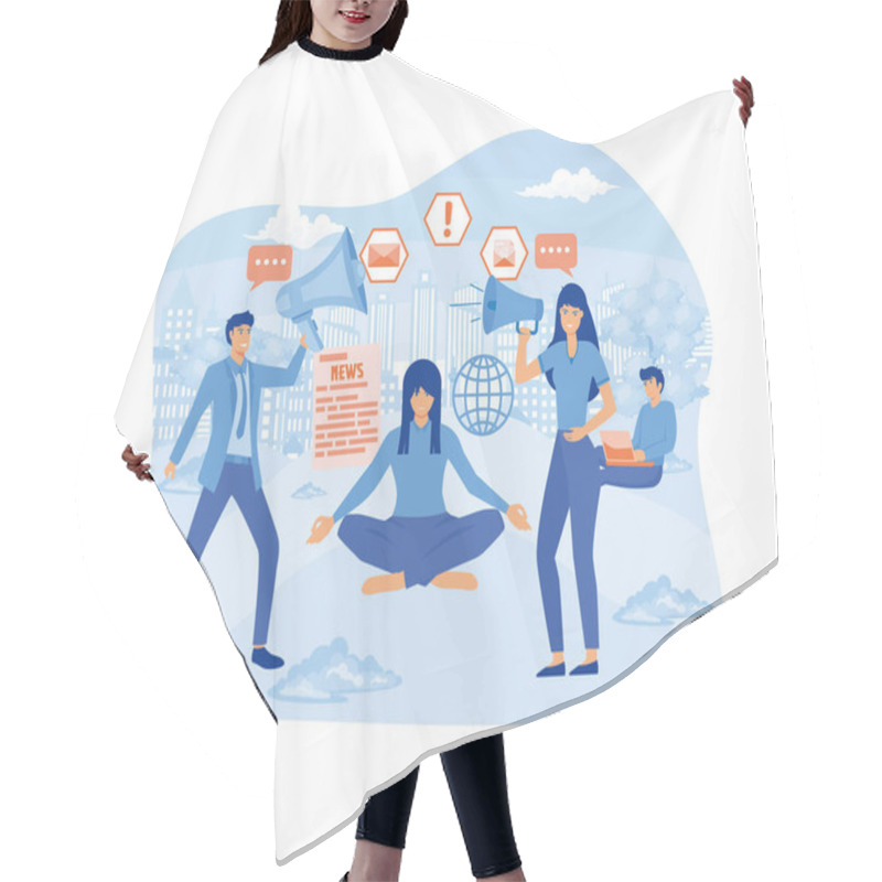 Personality  Stop Spreading Hoax And Fake News. Young Woman Meditate Under Glass Dome Trying To Stop False News From Television, Internet. Flat Vector Modern Illustration Hair Cutting Cape