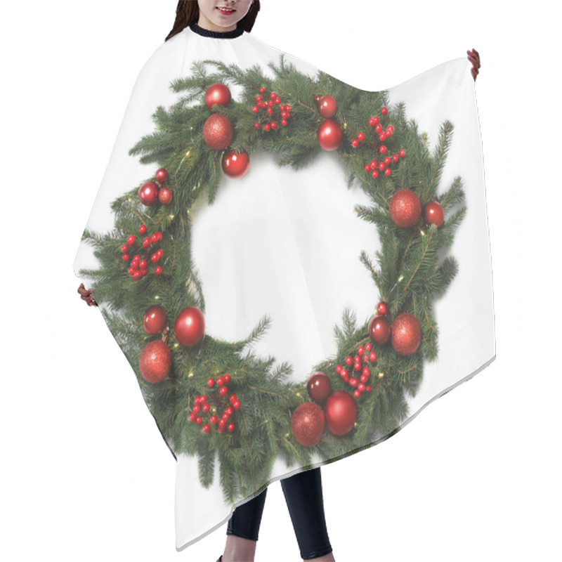 Personality  Beautiful Christmas Wreath With Festive Decor Isolated On White, Top View Hair Cutting Cape