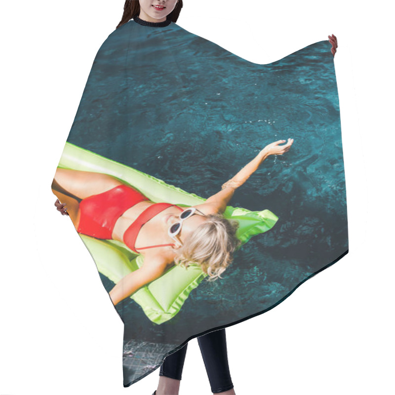 Personality  Top View Of Pin Up Girl In Swimsuit Relaxing On Green Inflatable Mattress In Swimming Pool  Hair Cutting Cape