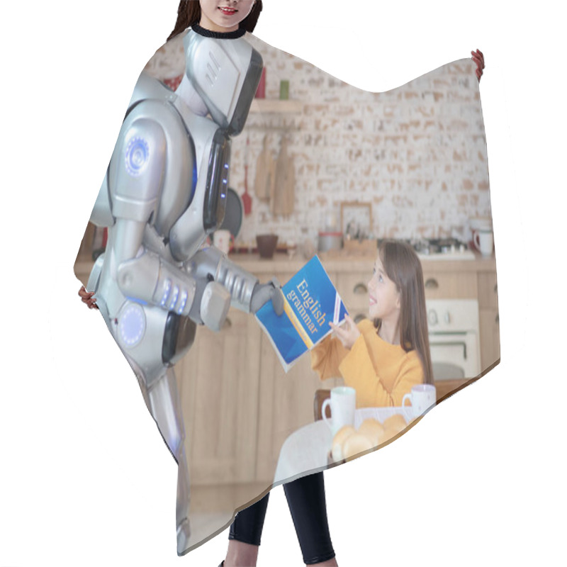 Personality  Robot Giving English Grammar Book To A Girl Hair Cutting Cape