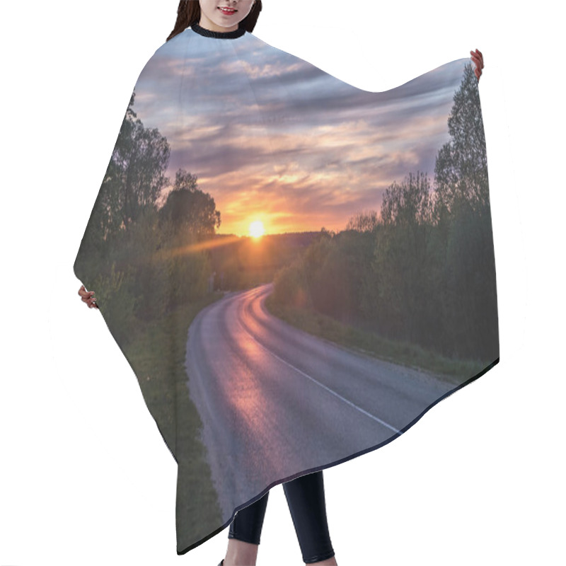 Personality  Landscape Of Road With Blue Red Pink Evening Sky With Beautiful Clouds Before Sunset Hair Cutting Cape