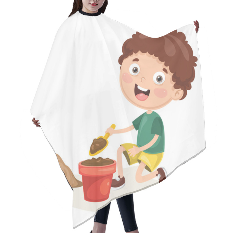 Personality  Vector Illustration Of Kid Planting Hair Cutting Cape