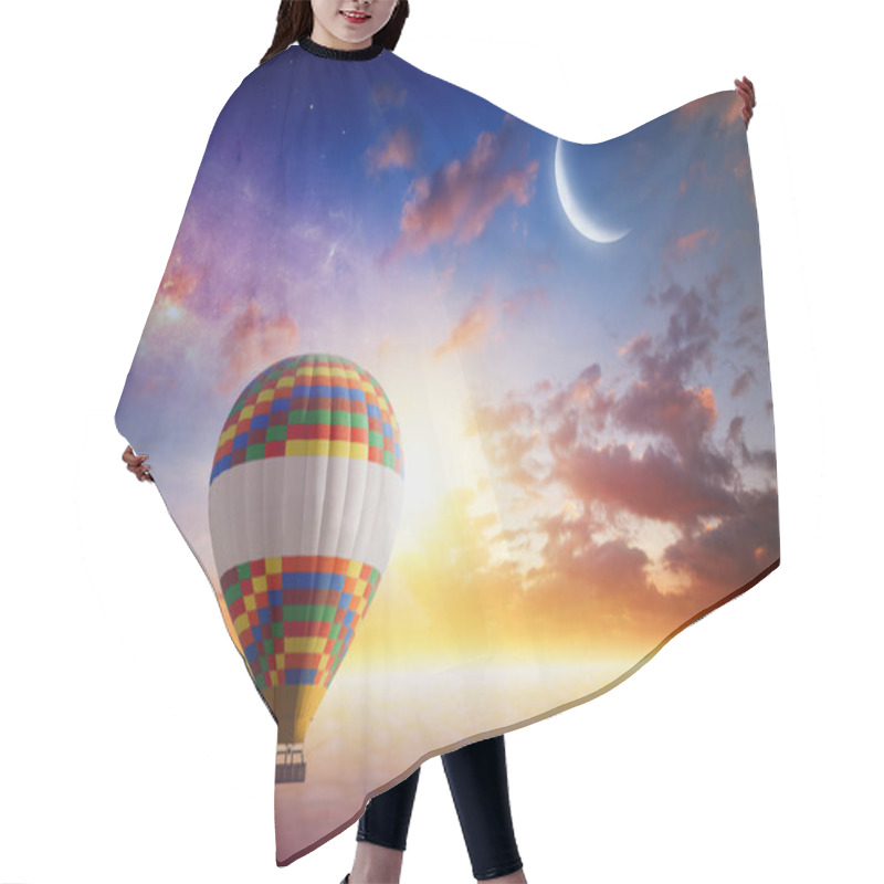 Personality  Hot Air Balloon Rises Very High In Sunset Sky Above Glowing Cloud Hair Cutting Cape