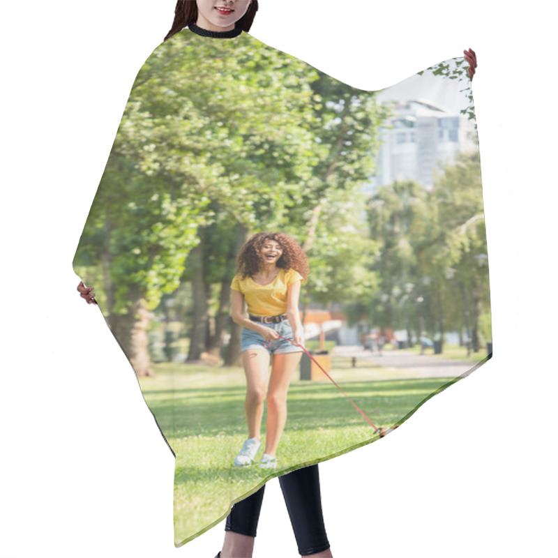 Personality  Selective Focus Of Excited Woman Walking With Jack Russell Terrier Dog Hair Cutting Cape